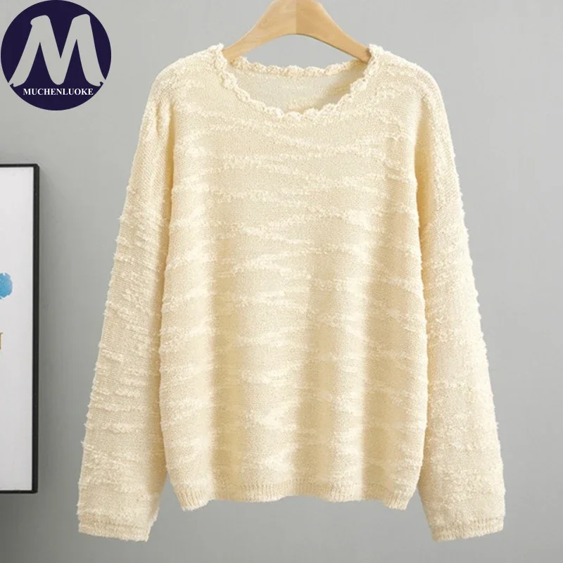 

Элегантный вязаный свитер с круглым вырезом для женщин, осень-зима, теплый повседневный свободный пуловер, корейский модный топ