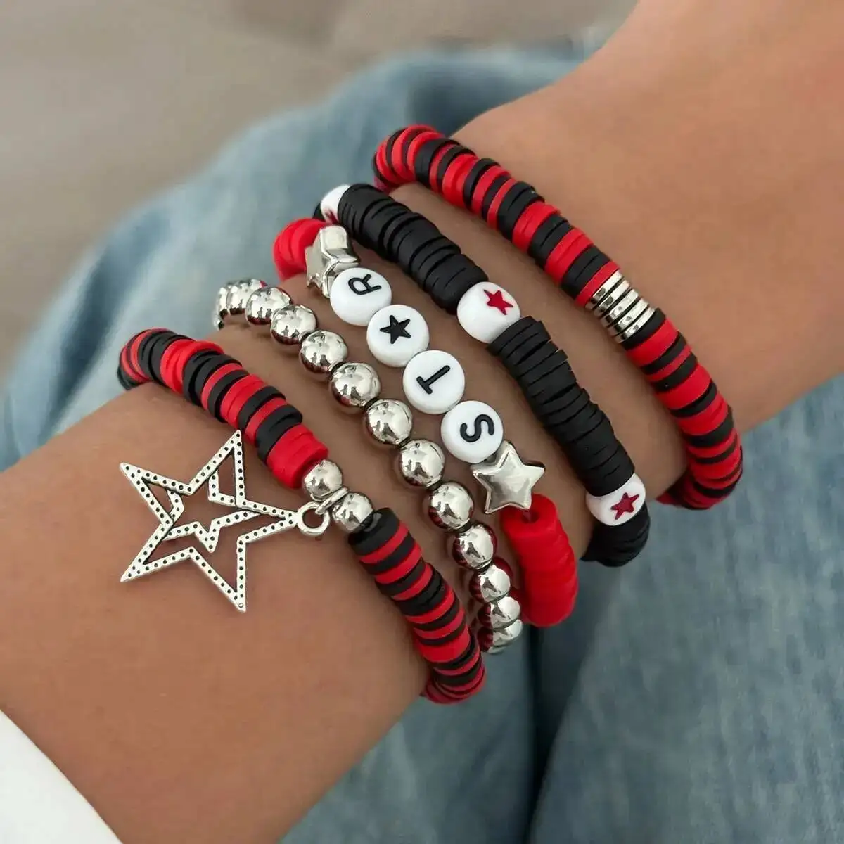 

KunJoe Retro Acrylic Red Black Beaded Bracelets Set Women Hip Hop Pentagram Pendant Elastic Rope Chain Bracelet Men Jewelry