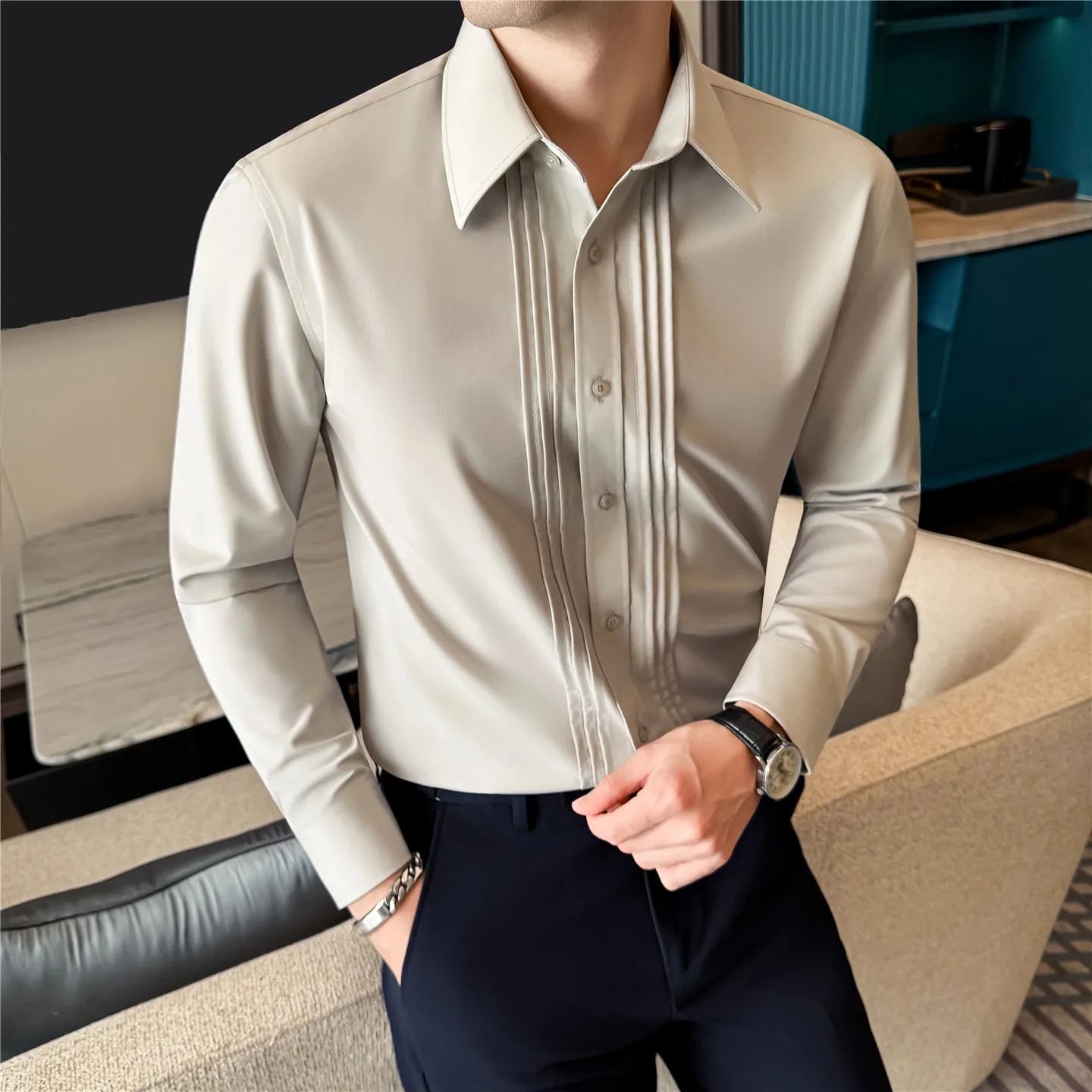 

Spring New Men High Quality Big Pointed Collar Shirts Fashion Pleated Design Long Sleeved Slim Fit Business Casual Shirt Tuxedo