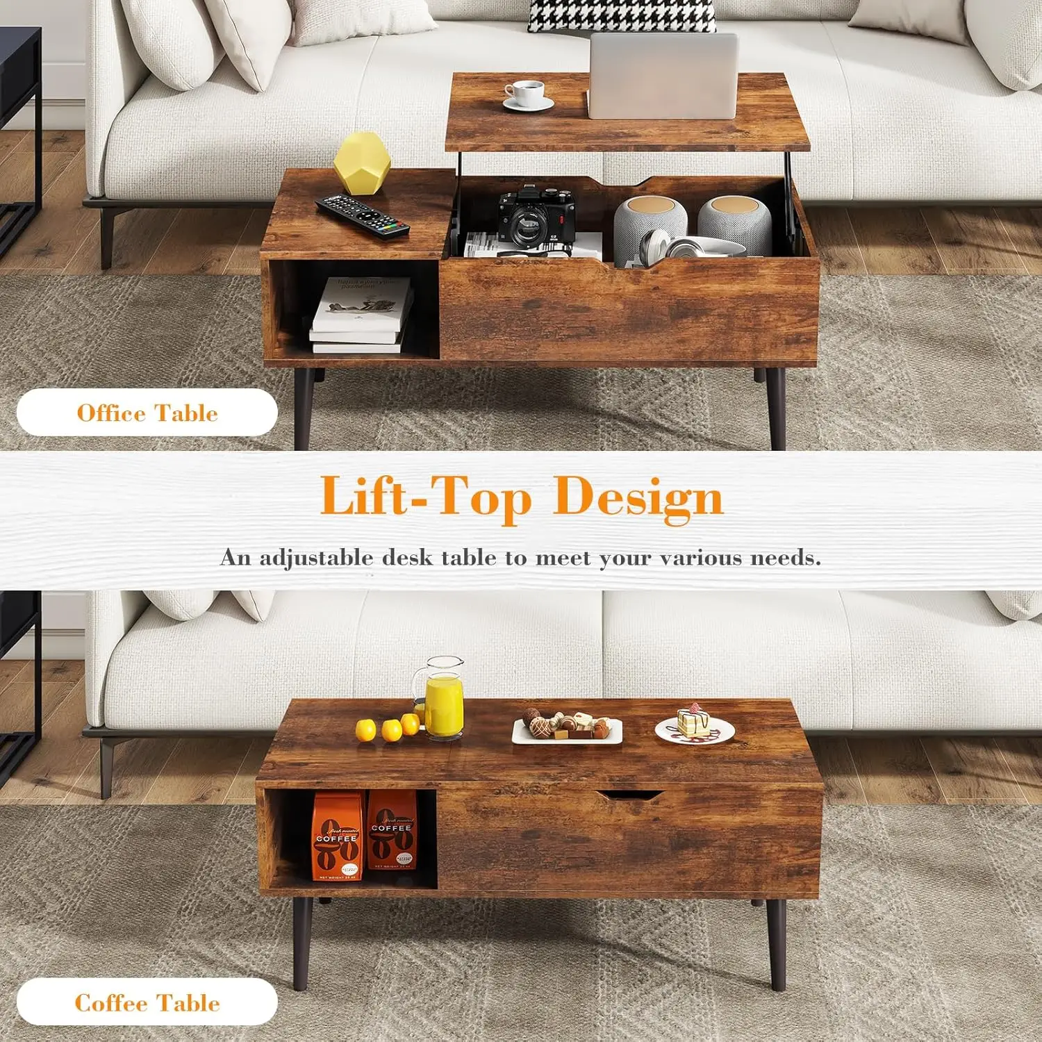 Coffee Table,Lift Top Coffee Tables for Living Room, Small Modern Wooden Center Tables with Storage Shelf and Hidden Compartment