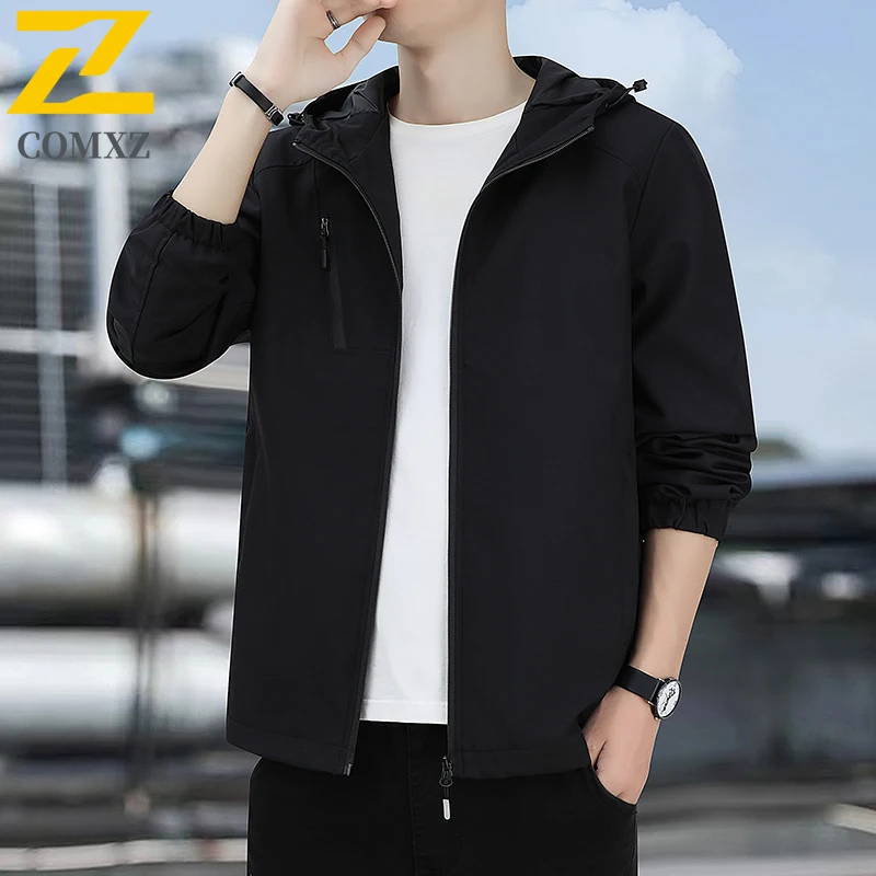 

2025 New Hooded Jacket Men Business Stand Collar Loose Fit Wind Coats Resistant Spring Autumn Trendy Casual Breathable Outerwear