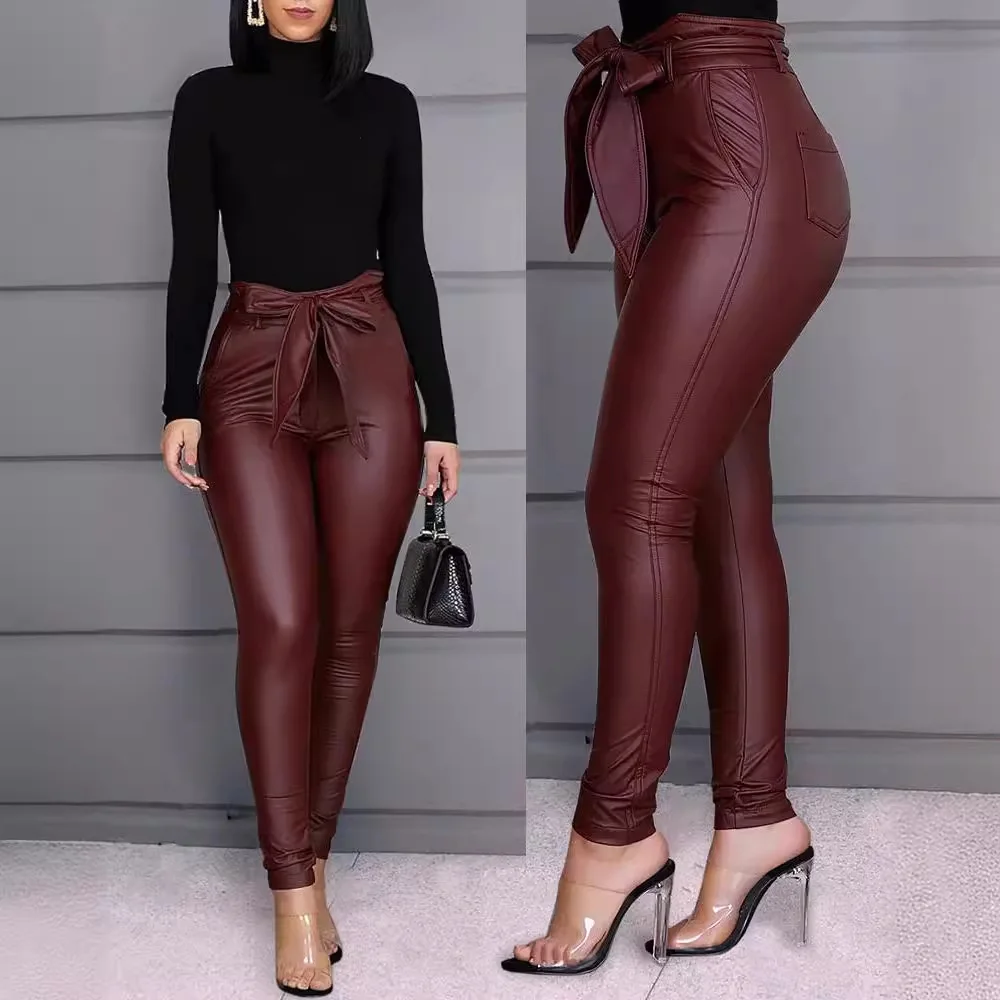 Damen-Hose mit hoher Taille, schmale Passform, lässige Pu-Lederhose, bezaubernde lange Hose, bequeme Damenhose aus synthetischem Stoff