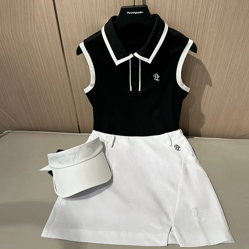 PL Ladies Golf Tennis Tank Tops Summer Sleeveless Polo Shirt Women Quick Dry Pleated Pencil Skirt A-lined Golf Skort with Short