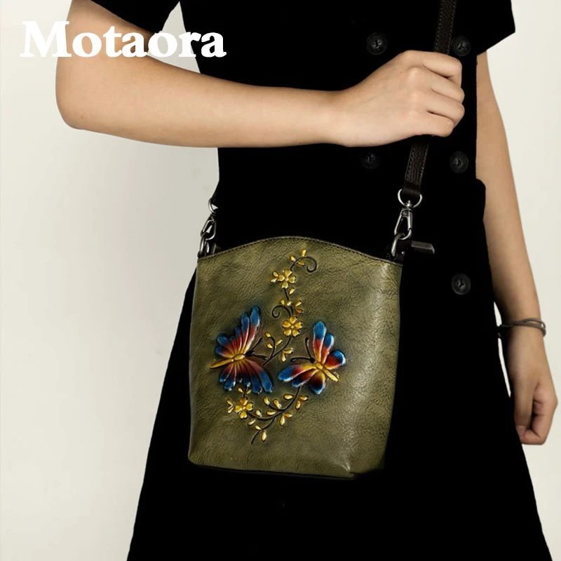 MOTAORA Vintage Genuine Leather Bags For Women Phone Bag New Relief Ladies Shoulder Messenger Bags Purses And Handbags Luxury