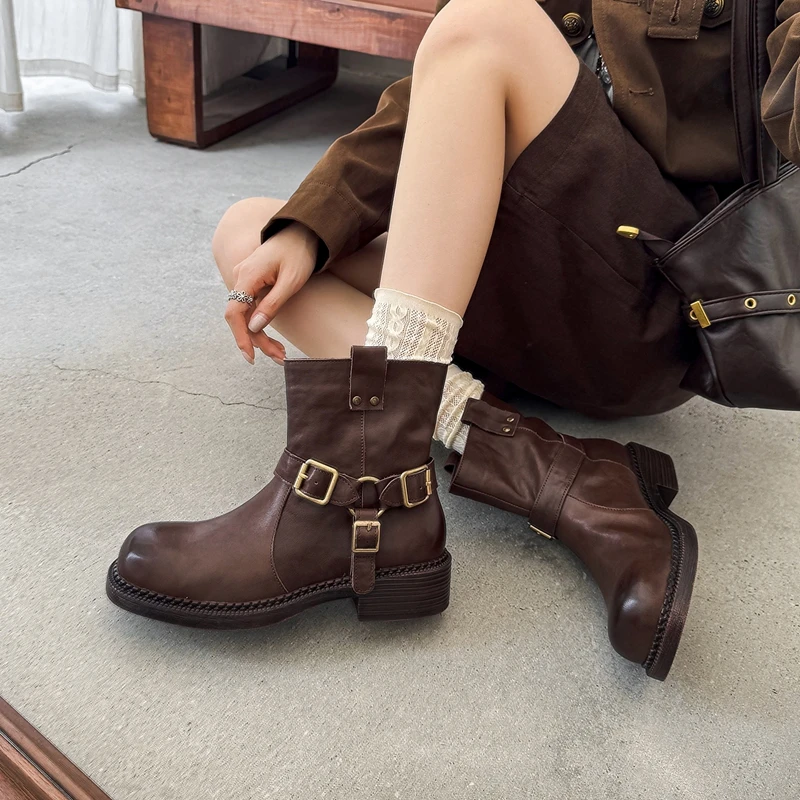 2026 New Autumn Winter Natural Genuine Leather Women Ankle Boots Size 34-40 Cow Suede Round Toe Belt Buckle Fashion Short Boots
