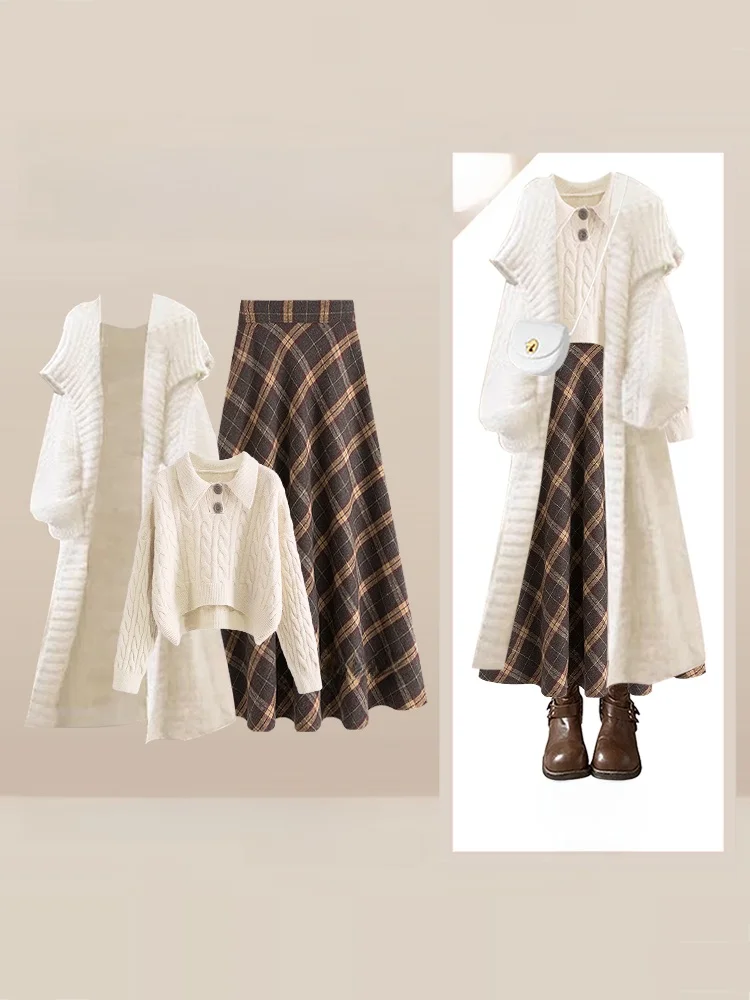 

Осенне-зимний корейский вязаный длинный свитер Све и клетчатая юбка, комплект женской легкой верхней одежды Faion Maturi