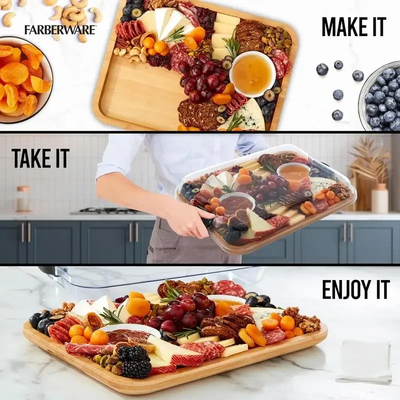 FARBERWARE Build-A-Board Bamboo Cutting Board with Clear Locking Lid and Black Handles, Perfect for Charcuterie