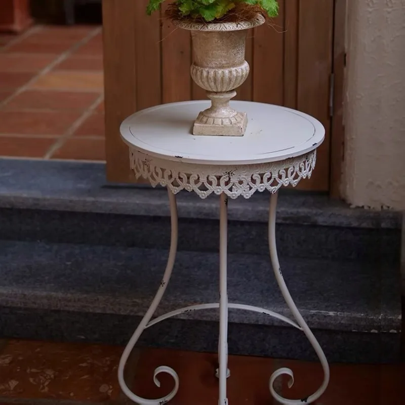 French retro wrought iron flower stool, flower stand outdoor small round table, old garden balcony courtyard, small flower rack