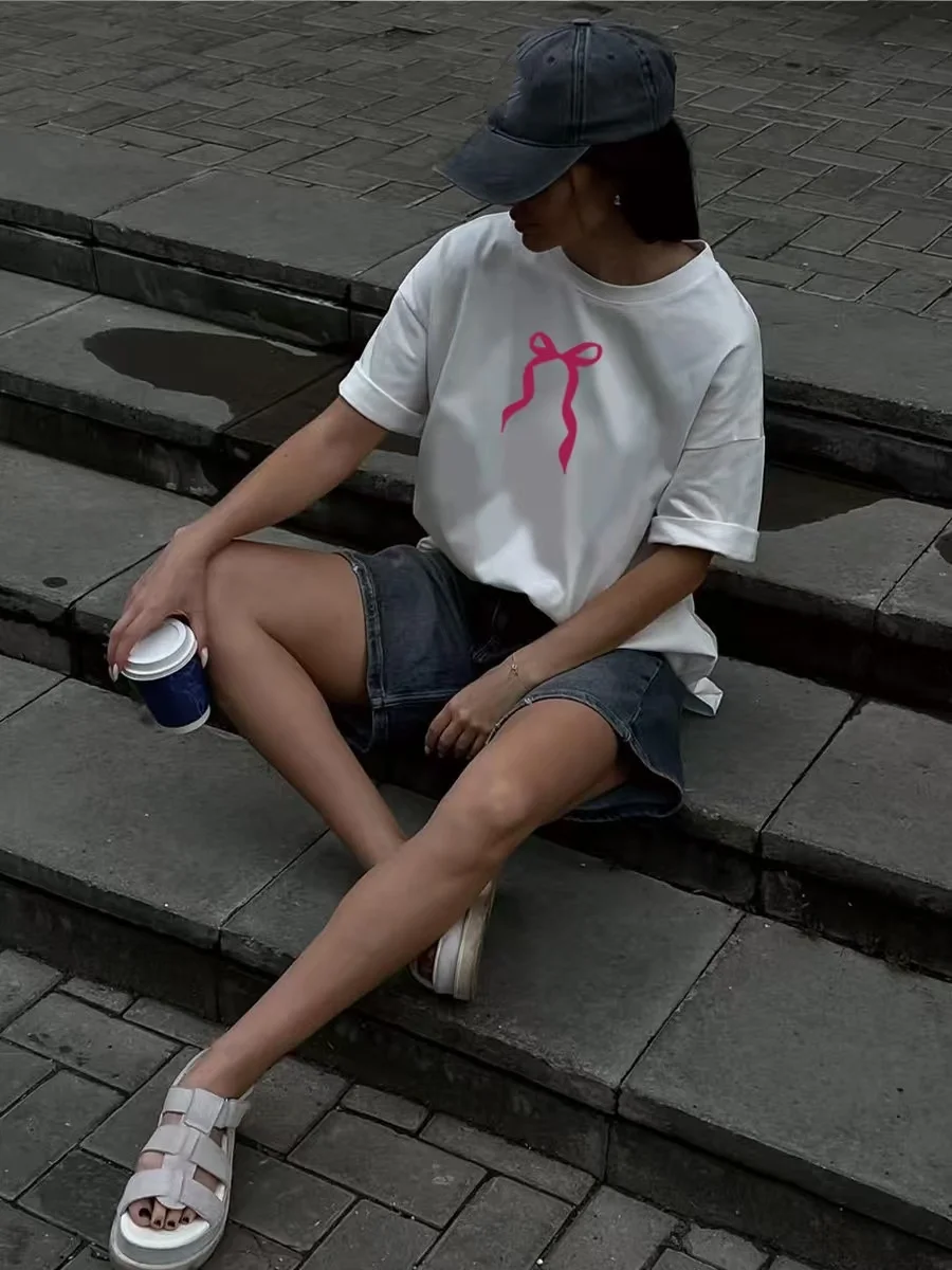 تي شيرت كاجوال من Faion فضفاض من القطن ort Sve مطبوع تي شيرت نسائي صيفي مستدير Ne مناسب للتنقل Sle Creative Pat...