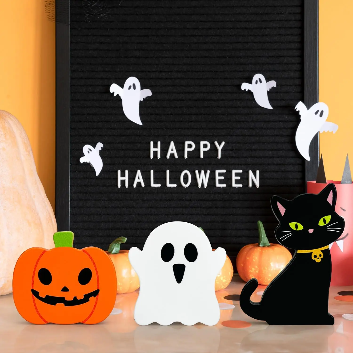 Halloween Decorations for Indoor Home 3 Pcs, Cute Wooden Pumpkin Ghost Black Cat Decor for Tabletop