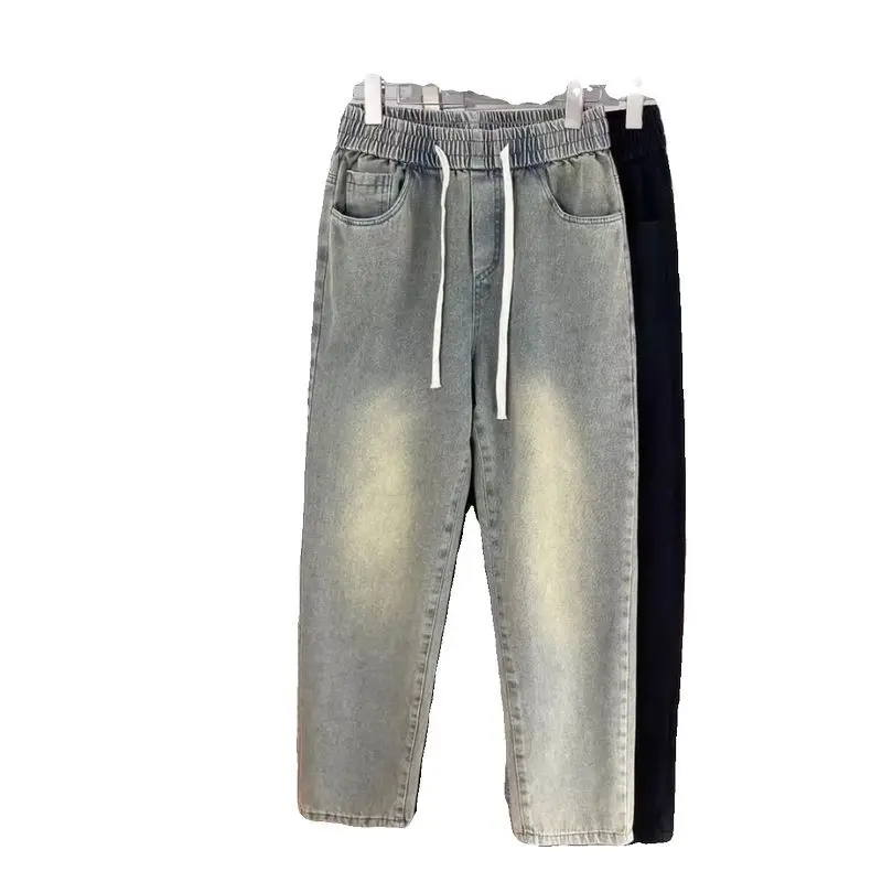 Retro viejo amarillo barro cordón cintura elástica Jeans Cowboys High Street Casual Simple versátil cordón Pantalones rectos
