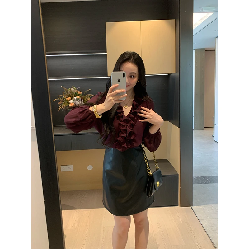 

Slimming Effect Long Sve Women's irt XIN Purple Kite Windbell Autumn Loose Fit oulder Detail Polyester Fiber Straigh...