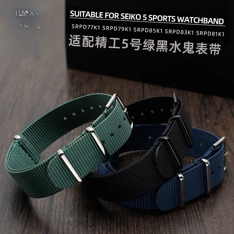 For Seiko Watch Strap Seiko No. 5 Sports Green Black Water Ghost Nylon Watch Band Srpd 79 77k1 Trendy Nylon 20 22mm