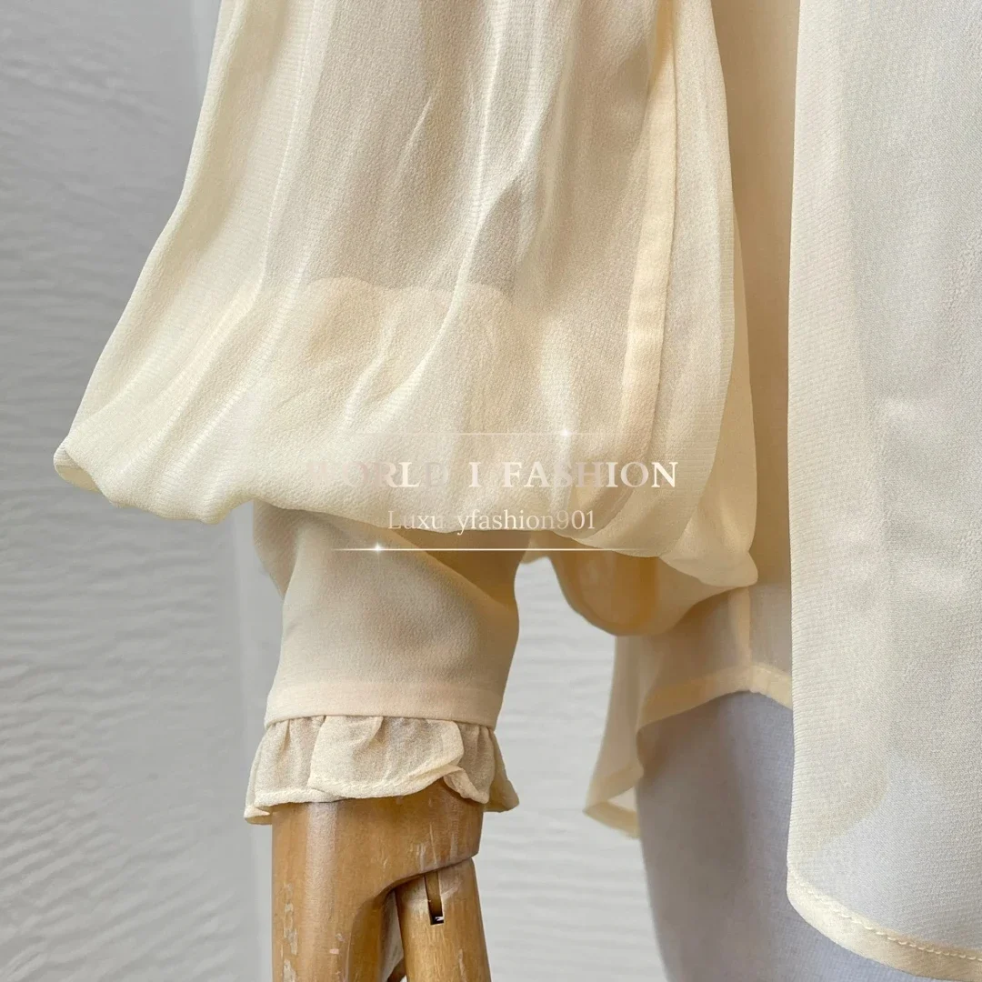

2025 High quality beige long sleeve ruffles blouse tops with Separate Camisole