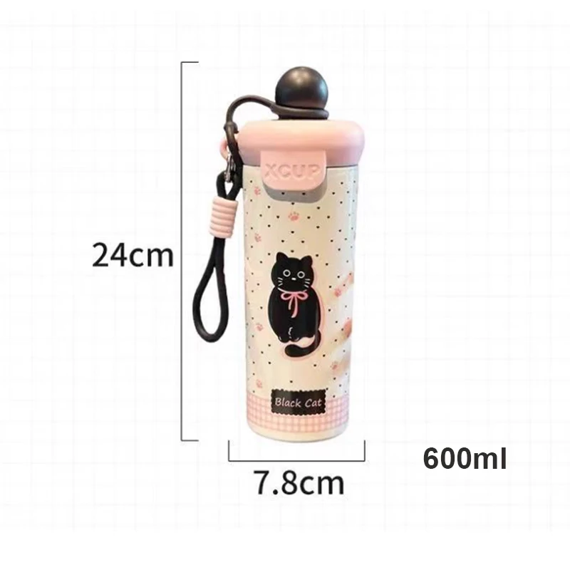 لطيف القط زجاجة ماء حراري مع القش القوس ملصق ترمس من الفولاذ المقاوم للصدأ للمياه الساخنة الباردة القهوة الشاي كوب حراري 600 مللي