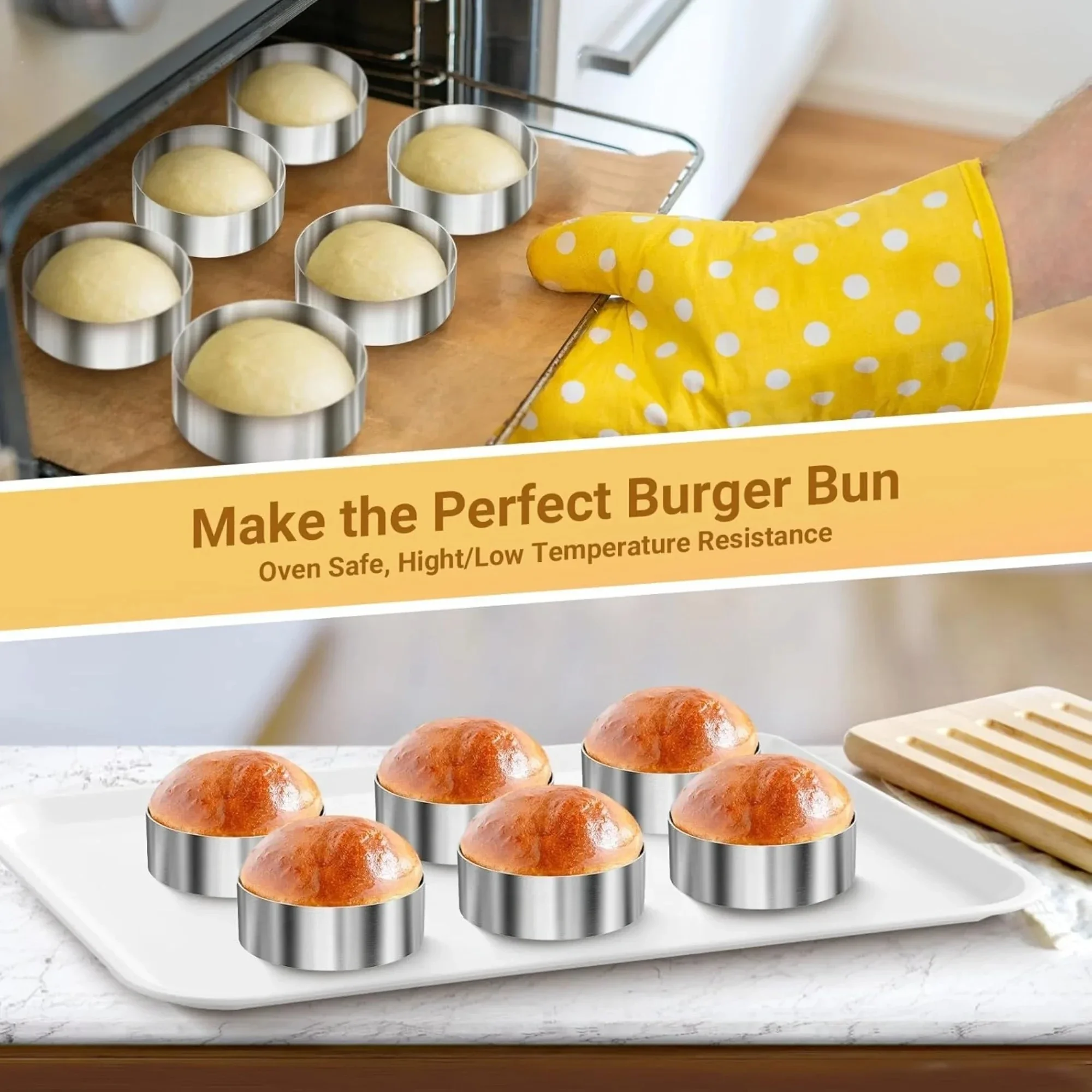6PCS Hamburger Bun Ring 8/10/12/14/16CM Round 304 Stainless Steel Cake Pastry Ring for Cooking Fried Eggs Pancakes Muffins Cake