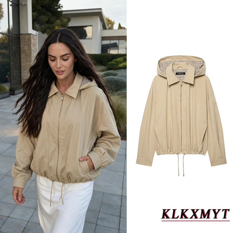 Damen Herbstmode Khaki Kapuzenjacke mit Revers, Eleganter Langarm-Reißverschlussmantel, Freizeitjacke, Einfarbige Kurze Bürojacke
