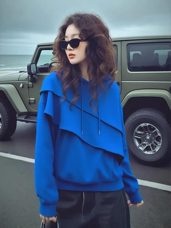 

Blue Hooded Long Sleeve Sweatshirt Women's Spring New Large Size Fat MM Lazy Loose Match White Top Casual Comfortable Streetwear