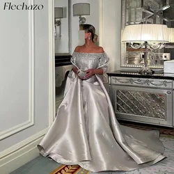 Flechazo Luxury Silver Prom Dresses Off Shoulder Beading A Line Formal Occassion Party Dress For Women 2024 فساتين السهرة