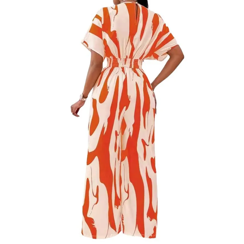 بدلة قفز جديدة لربيع وصيف 2025 بأكمام قصيرة ومطبوعة بخصر واسع الساق للنساء في أوروبا والولايات المتحدة #5