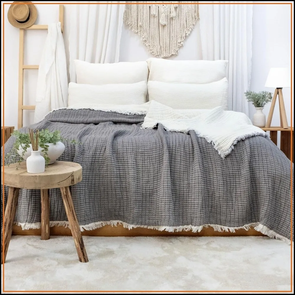8-Layer Muslin Quilt 100% Turkish Cotton Soft Breathable All Season Bed Throw Grey Twin 66x86