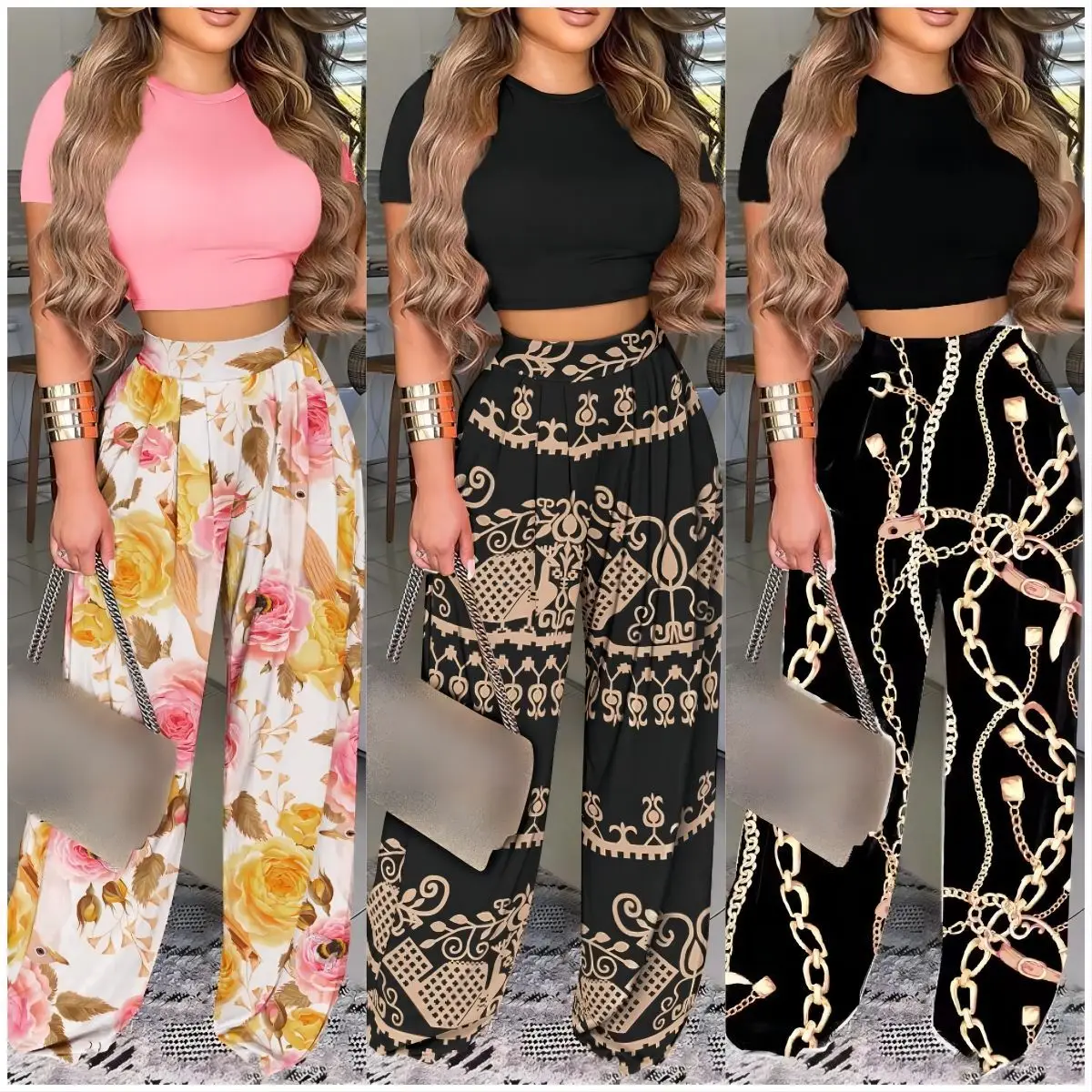 2 Piece Sets Women Tight Short Sleeves Cropped TopsHigh Waist Wide Leg Pants Printed Casual Fashion Ladie Set 2024 Summer MsChuh