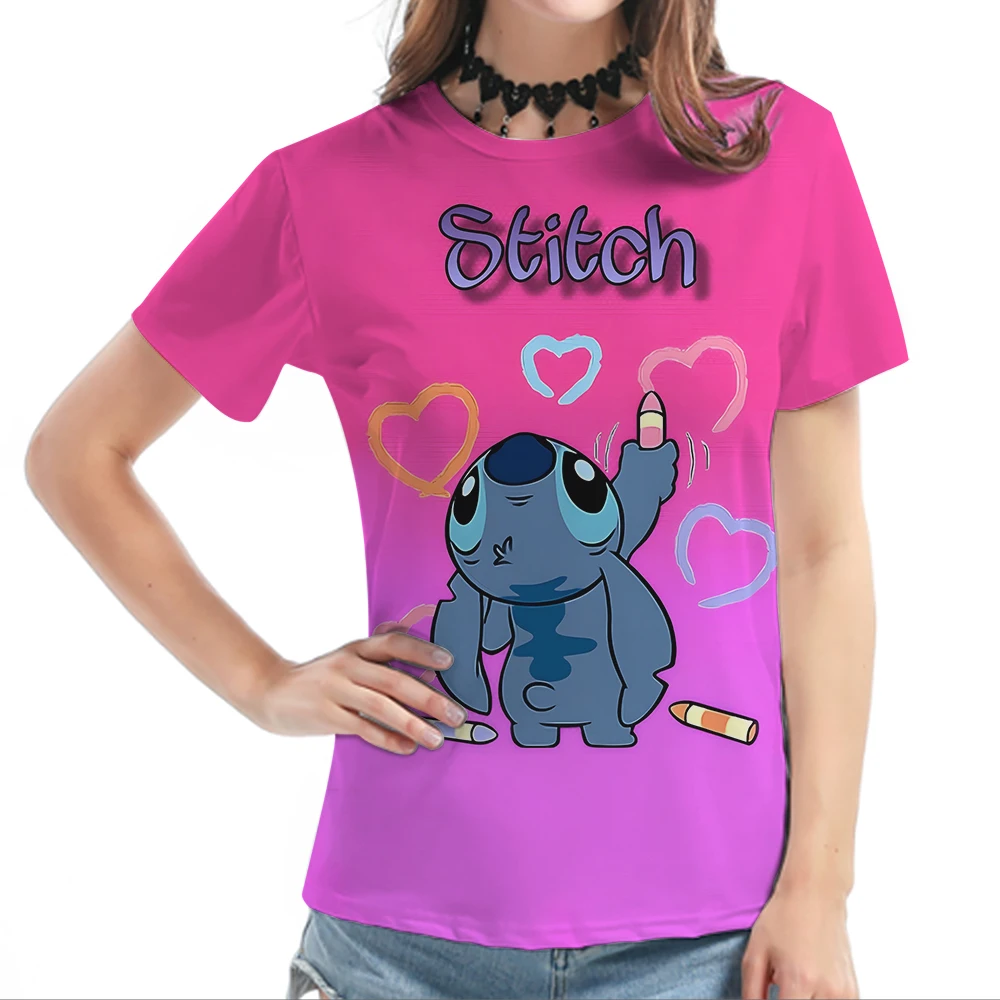 

Women's Disney Stitch T Shirts Mother-daughter Short Sleeve Tops Red Tees Cute Cartoon T-shirt Girls Home Wear Lady Clothing Tee