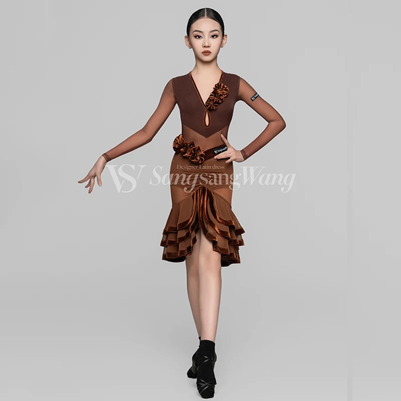 Vestido de baile latino para niños, ropa de baile de salón para niñas, ropa de competición con cuello en V, Tops, falda, ropa de práctica, disfraz de espectáculo DNV20169