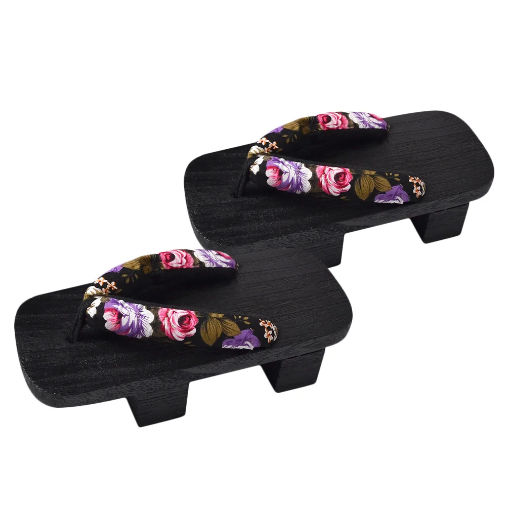 

1Pair Japan Clogs Floral Pattern Black Wood Summer Platform Sandals Casual Slippers Outdoor Walking Party Women Men