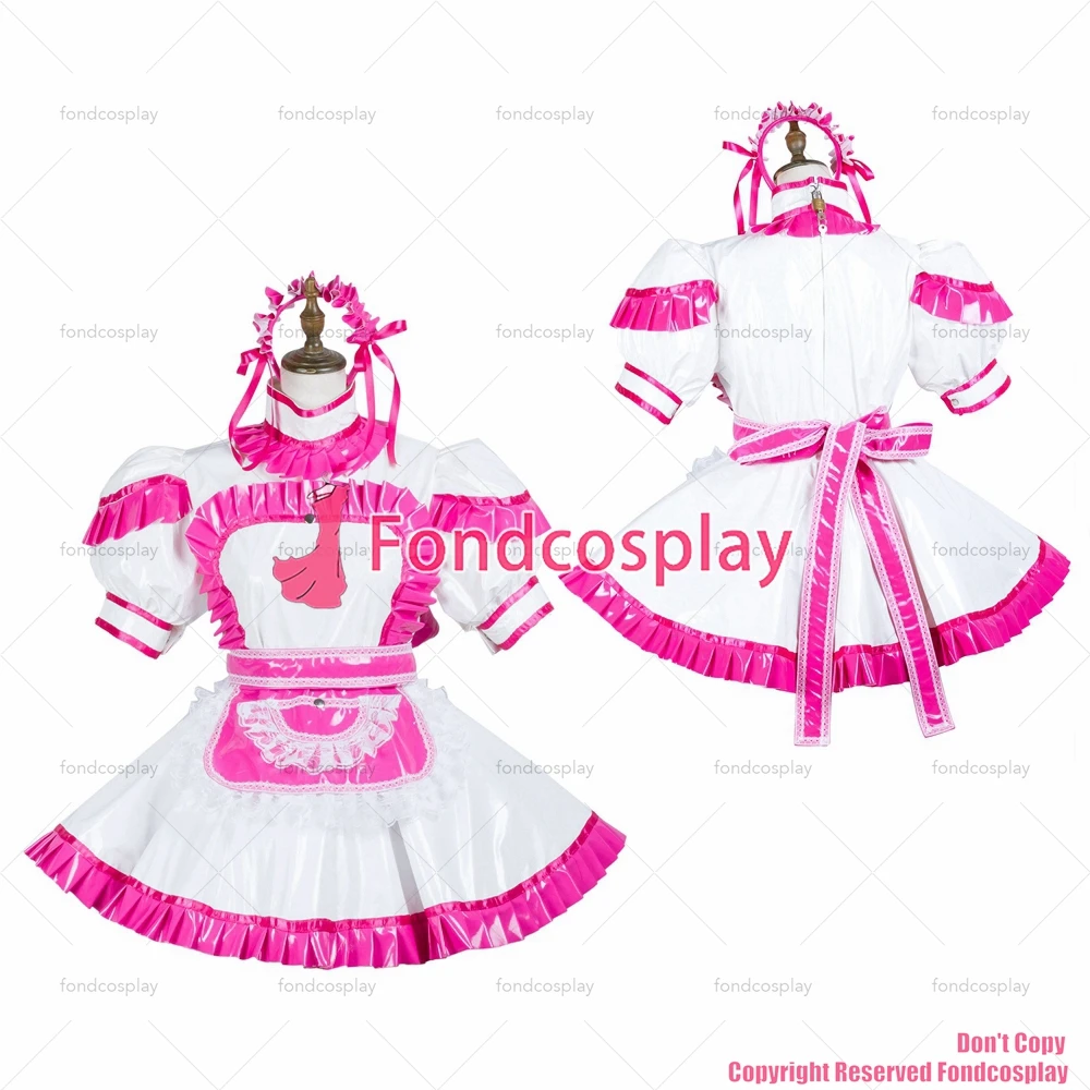 

fondcosplay adult sexy cross dressing sissy maid short white thin pvc dress lockable Uniform hot pink apron CD/TV[G3709]