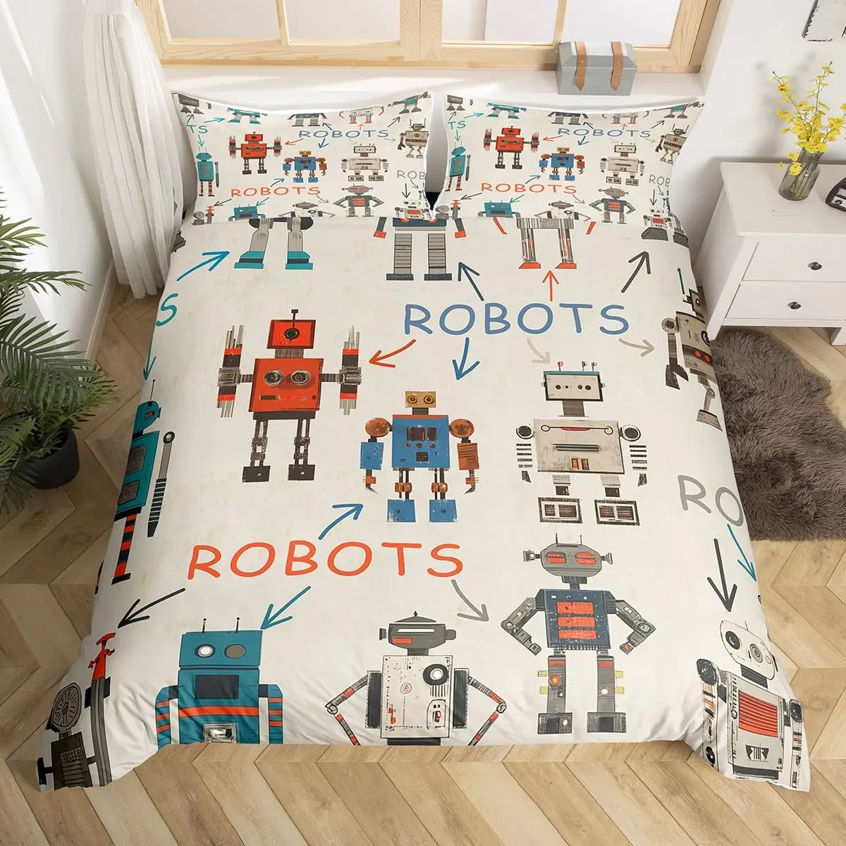 Cartoon Robot Duvet Cover Watercolor Screw Tools Bedding Set Modern Sci-Fi Robot Comforter Cover for Kids Polyester Quilt Cover