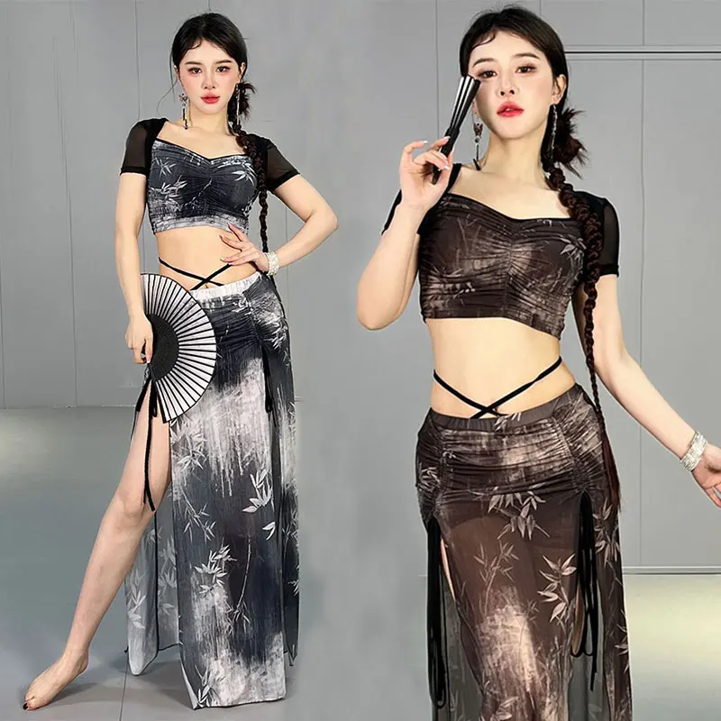 Costume di danza del ventre per donna Top a maniche corte + gonna lunga divisa 2 pezzi Set professionale orientale vestiti da pratica di danza del ventre