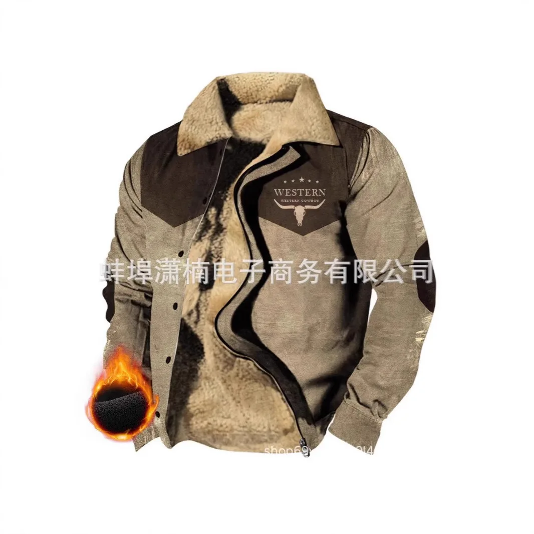 Men's Thickened Side Seam Socket Casual Printed Zipper Loose Blue Jacket