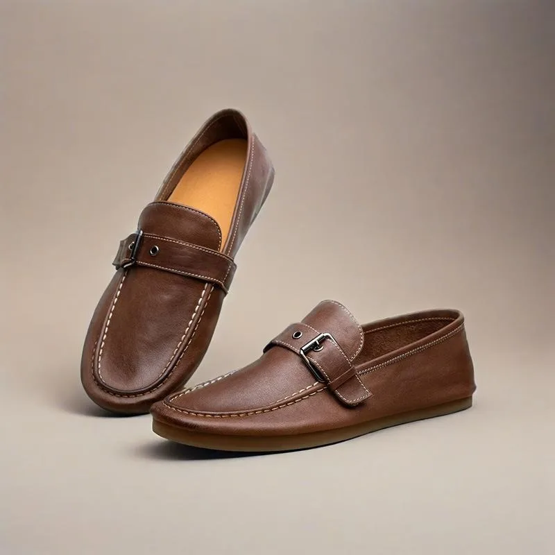 

British Casual Leather Shoes Men Breathable Buckle Genuine Leather Loafers Male Slip on Soft Soled Driving Handmade Office Shoes