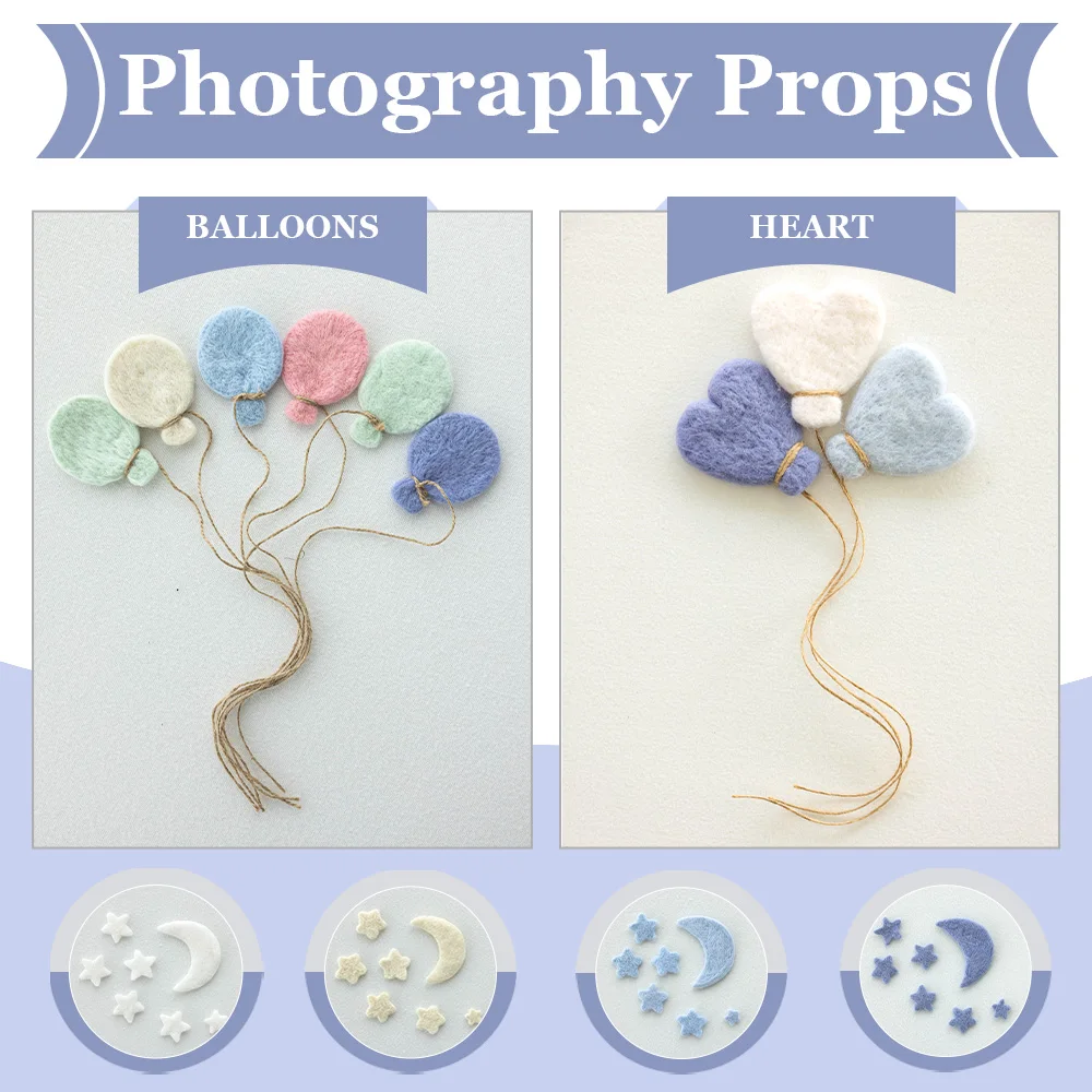 Neutral Color Handmade Wool Felt Photography Props Mini Felt Balloon Star Moon Heart Ornament Infant Photo Session Styling Decor
