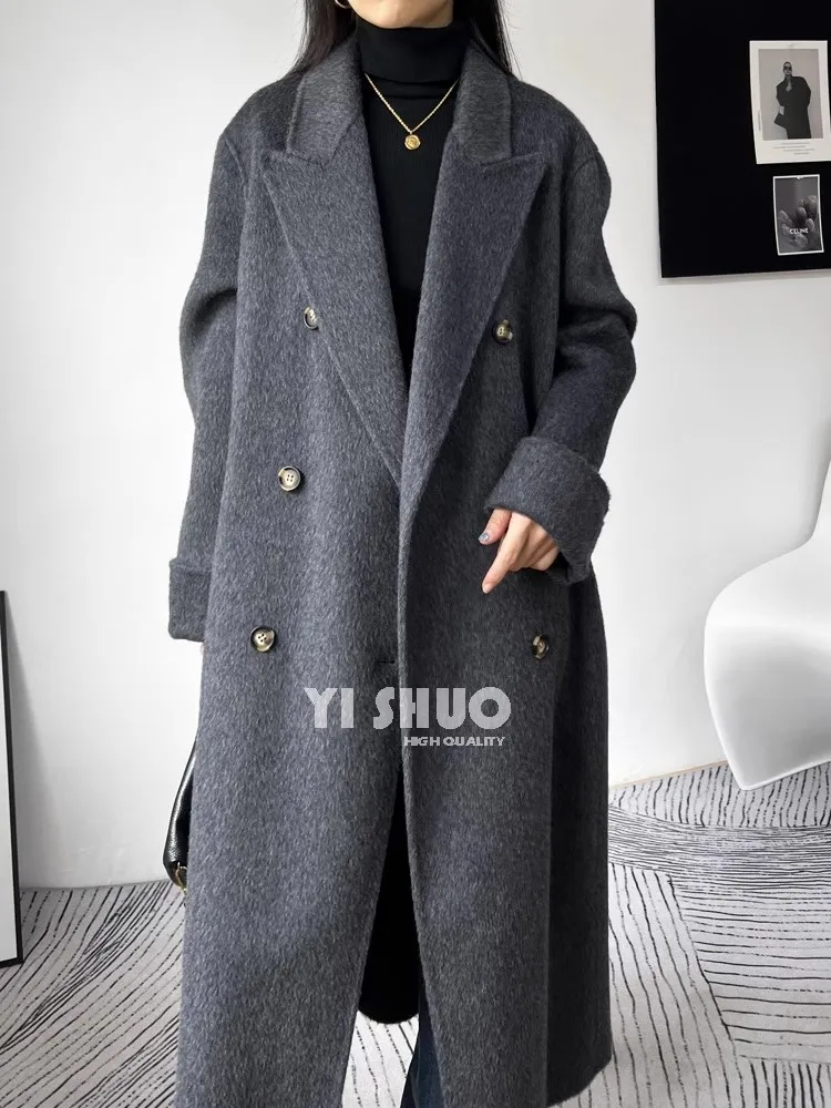 

2025 новое женское модное серое, черное шерстяное пальто с воротником, двубортное длинное повседневное толстое теплое шерстяное пальто на осень-зиму