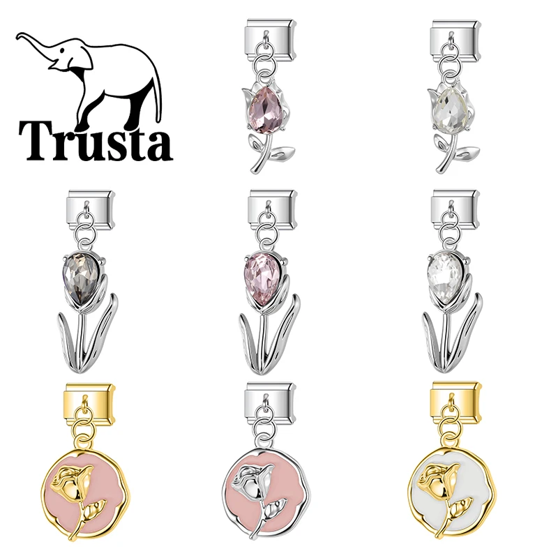 Trusta Pink white gold Zirconia rose Tulip Italian charms bracelet Fit 9mm Accessories Pendant Girl Beads Gifts Wholesale N821