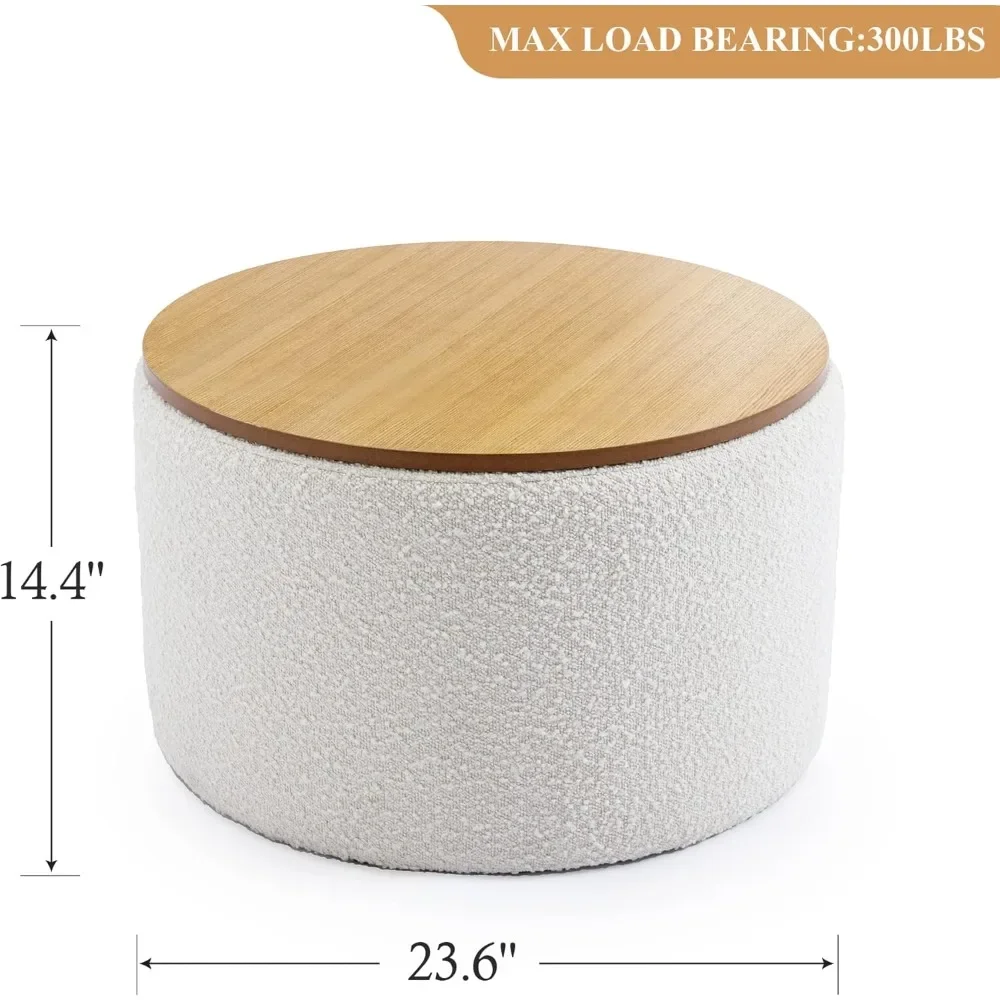 Modern Round Storage Ottoman Coffee Table, Boucle Large Storage Ottoman with Wooden Lid, End Table Side Table Footstool , White