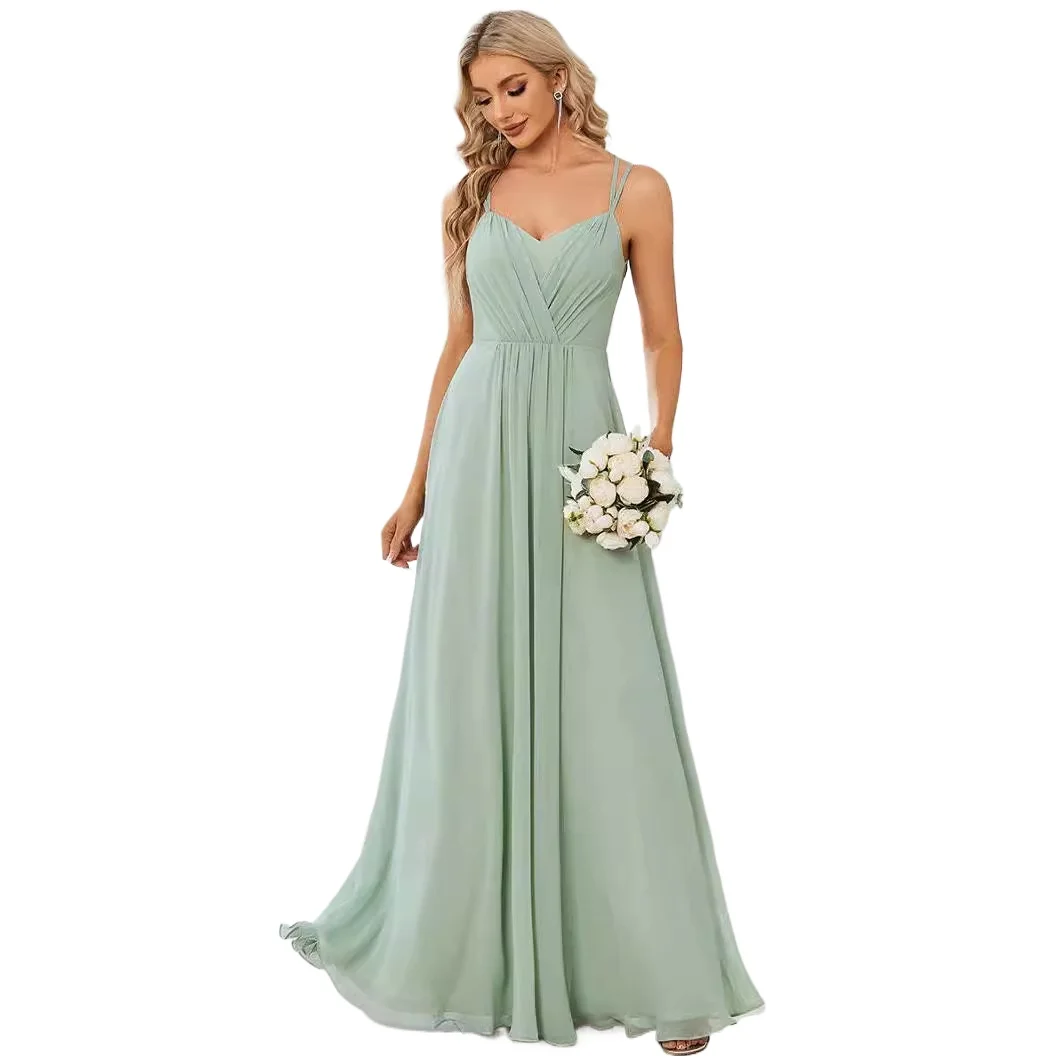 Elegant V-neck Ruched Sleeveless Back Lace Up Long Chiffon Bridesmaid Dress