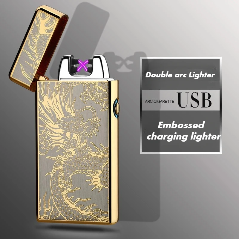 2025 Double Arc Pulse Lighter 3D Embossed Rechargeable Lighter Usb Zinc Alloy Windproof Electronic Cigarette Lighter