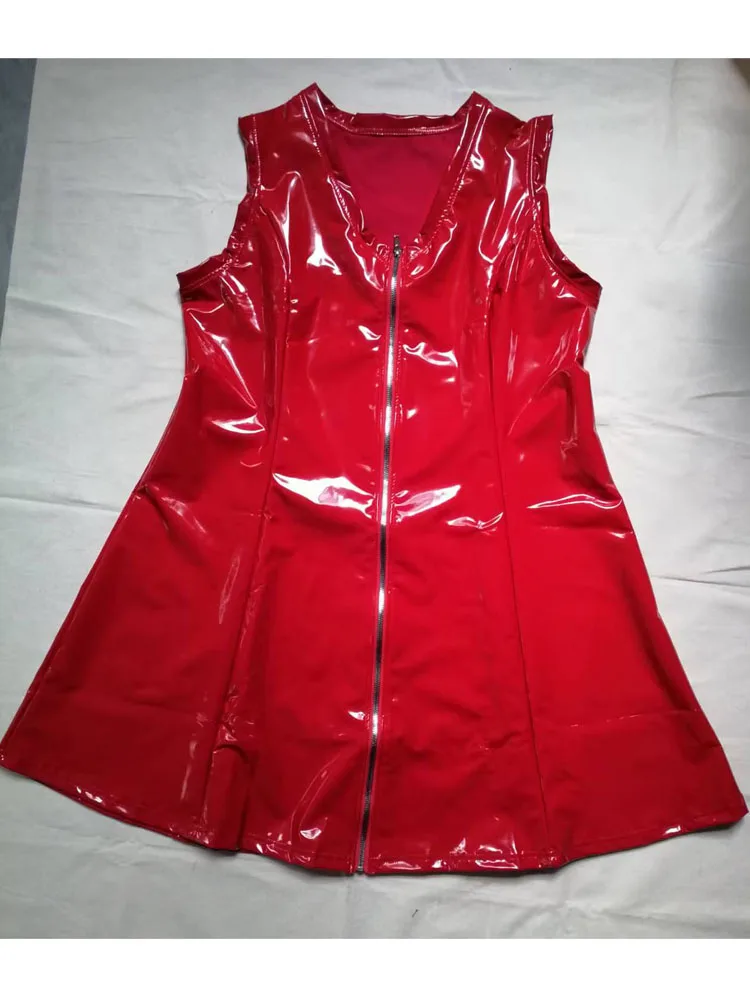 S-3XL Ärmelloses Wet-Look PVC A-Linien-Kleid Glänzendes PU-Leder Tanktop-Kleid mit Reißverschluss Sommerkleid Minikleid Minirock Robe