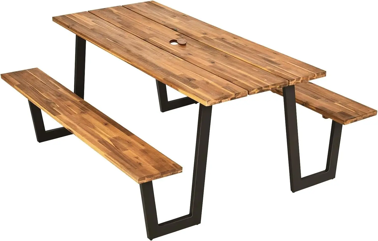 Acacia Wood Picnic Table with Umbrella Hole, 70’’ x 30’’ Outdoor Picnic Tables with Benches for 6-8 Persons, 1600 LBS