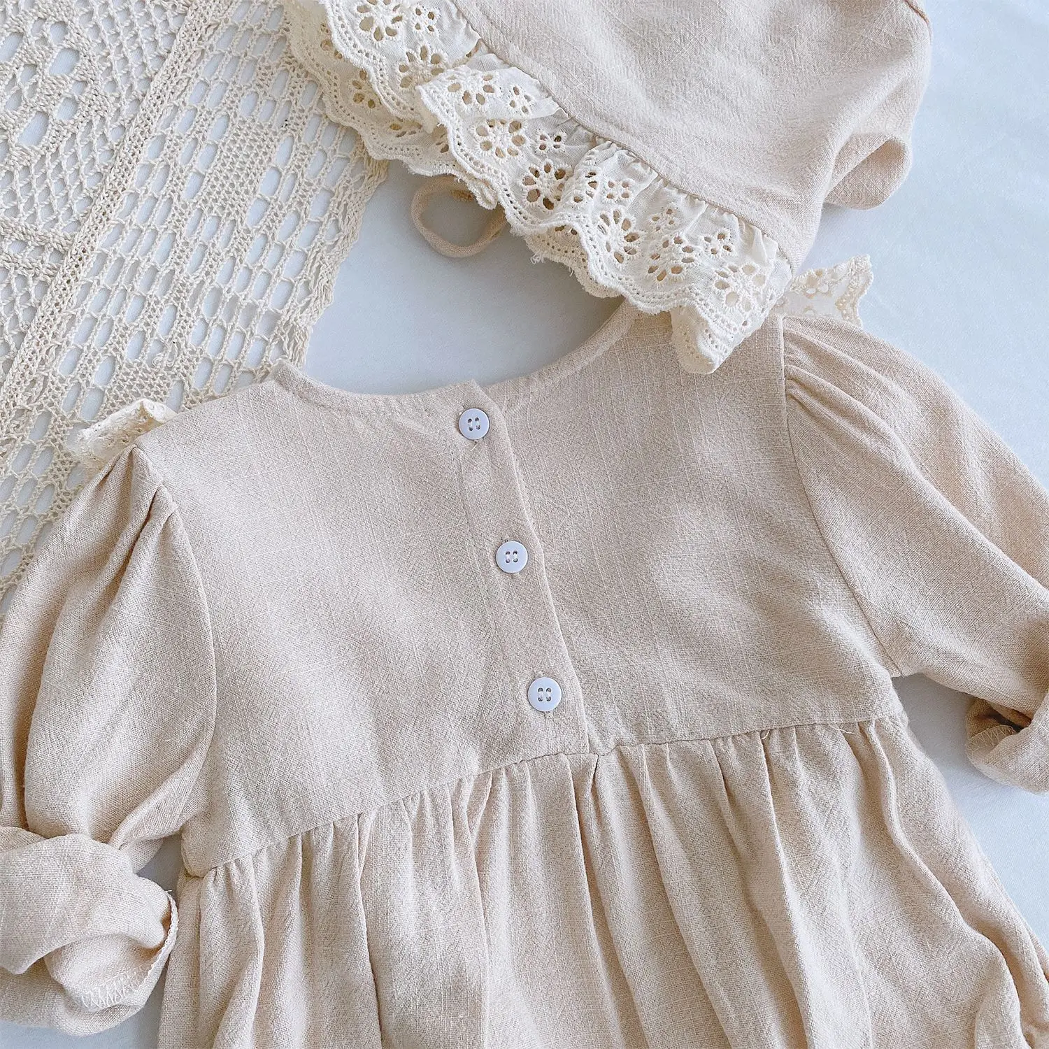 Spring Baby Girl Romper+Hat Bodysuit Outfits Long Sleeve 2Pcs Outfits Cotton Linen Lace Ruffles Girls Kids Clothing 0-24M