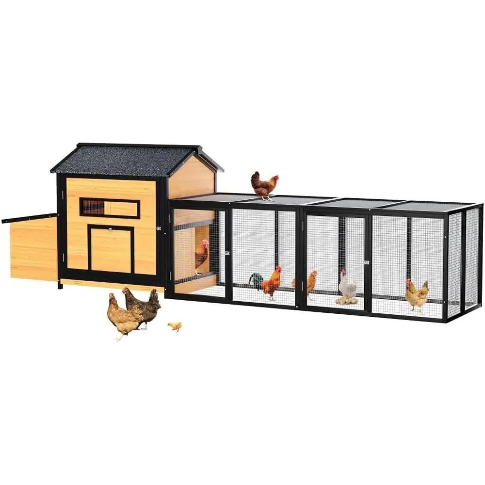

Spacious Outdoor Chicken Coop with Run, Nesting, and Easy-Clean Tray - Black & Gold Wooden Design