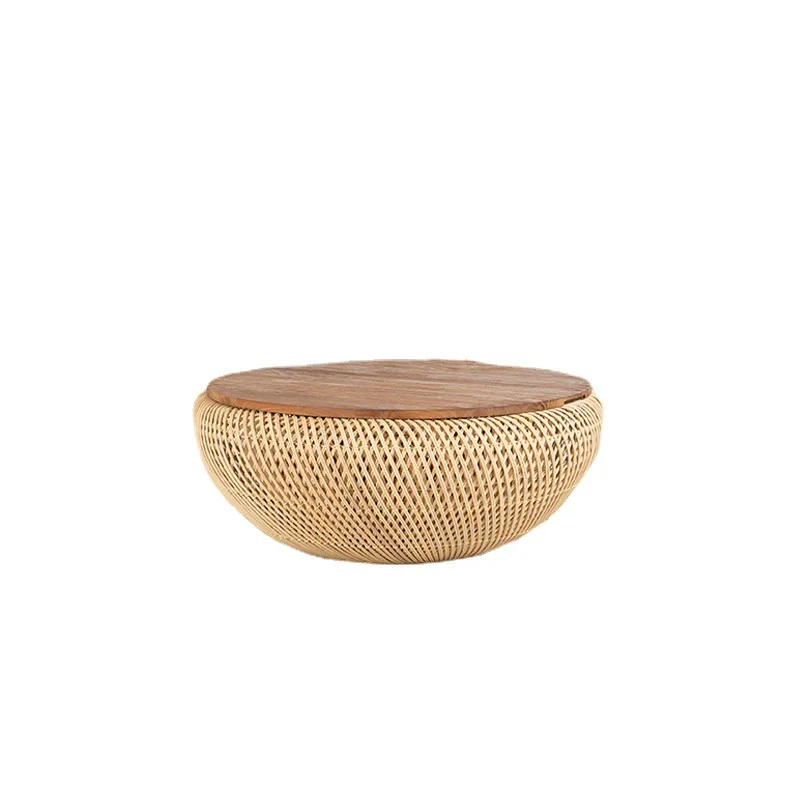 

Nordic handmade rattan coffee table, living room household rattan woven ash wood solid wood desktop, round small apartment