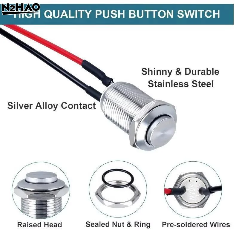 5Pcs Round Head Momentary Push Button Switch Stainless Normal Open With Pre-Welded Cable One On-Off Used For Auto And Boats