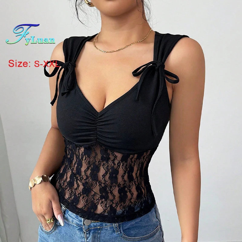 

2025 New Product Women's Vestidos Sexy Black Lace Splicing Shoulder Tied Backless Spicy Girl Style Top Cocktail Prom Suspender