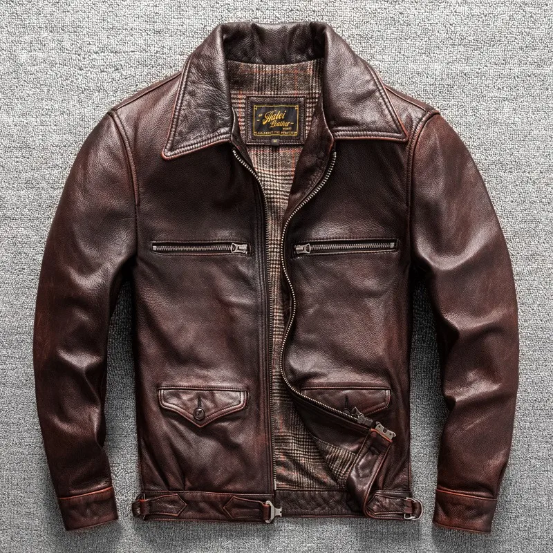 Water-washed hair layer cowhide leather for men short and fitted coat style