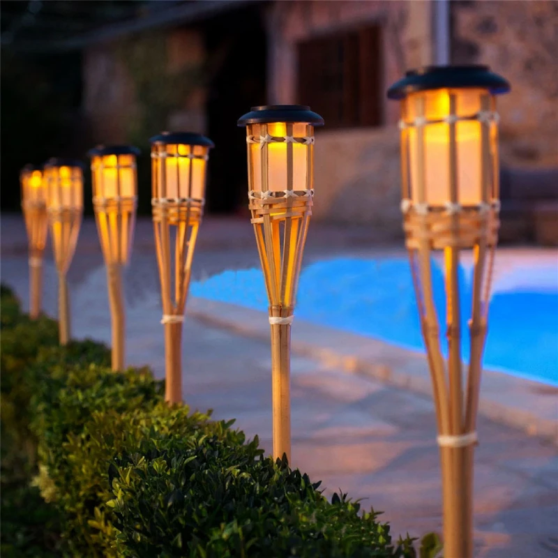 Lampade solari LED lampada effetto fiamma artigianato bambù illuminazione da giardino impermeabile torce da prato cortile paesaggio luce esterna