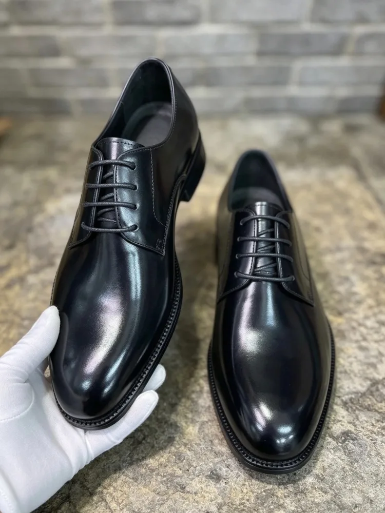 Classic Handmade British Men Black Derby Shoes Lace Up Round Toe Genuine Leather Formal Business Wedding Dress Shoes